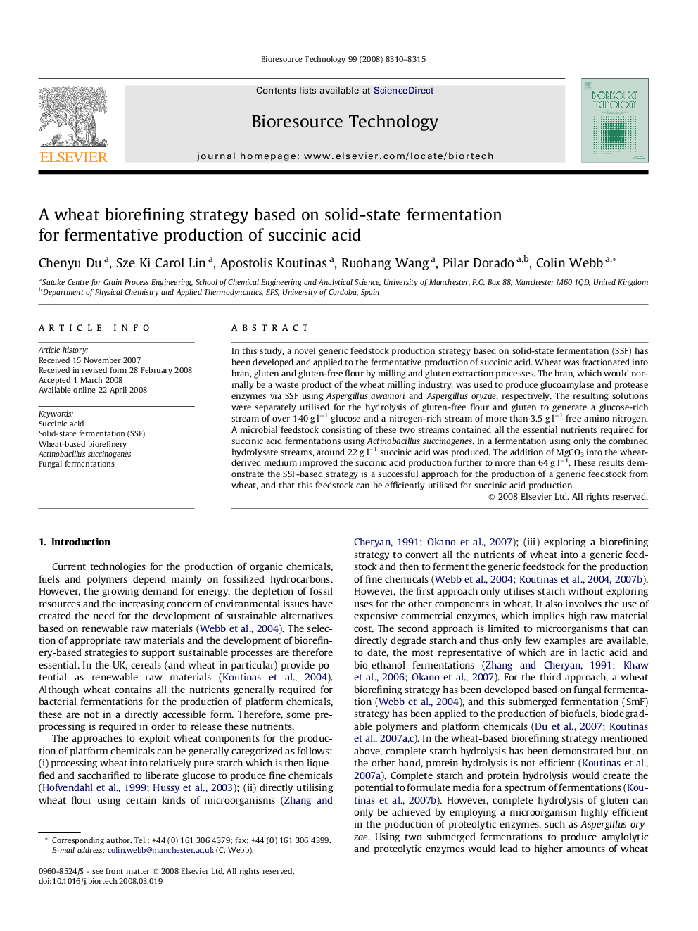 A wheat biorefining strategy based on solid-state fermentation for fermentative production of succinic acid