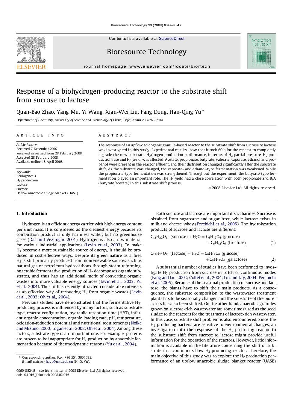 Response of a biohydrogen-producing reactor to the substrate shift from sucrose to lactose