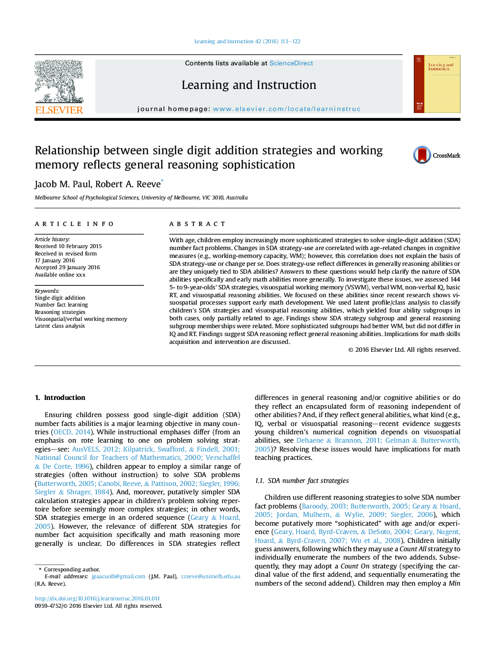 Relationship between single digit addition strategies and working memory reflects general reasoning sophistication