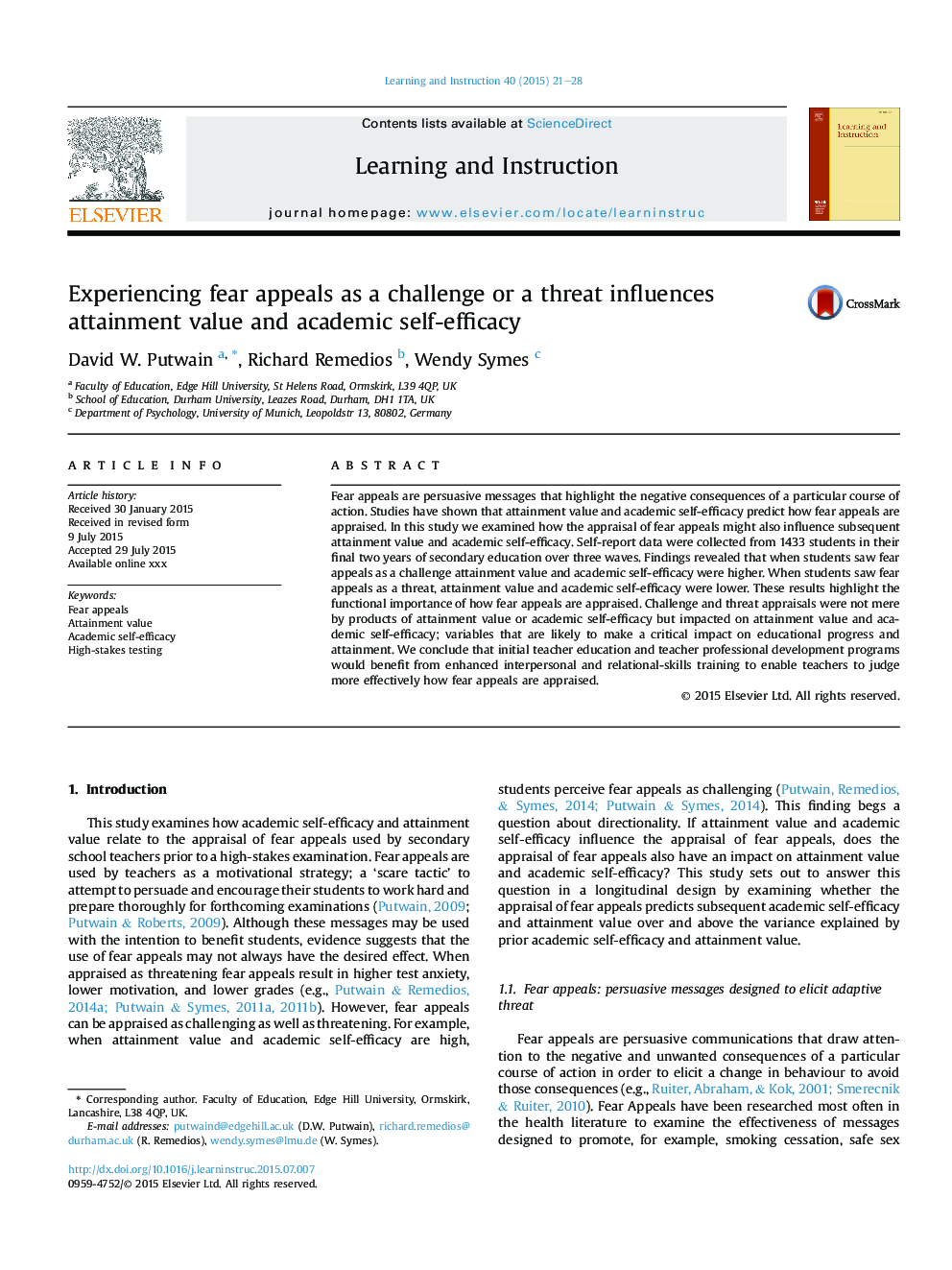 Experiencing fear appeals as a challenge or a threat influences attainment value and academic self-efficacy