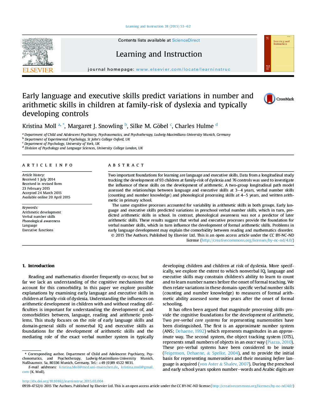 Early language and executive skills predict variations in number and arithmetic skills in children at family-risk of dyslexia and typically developing controls