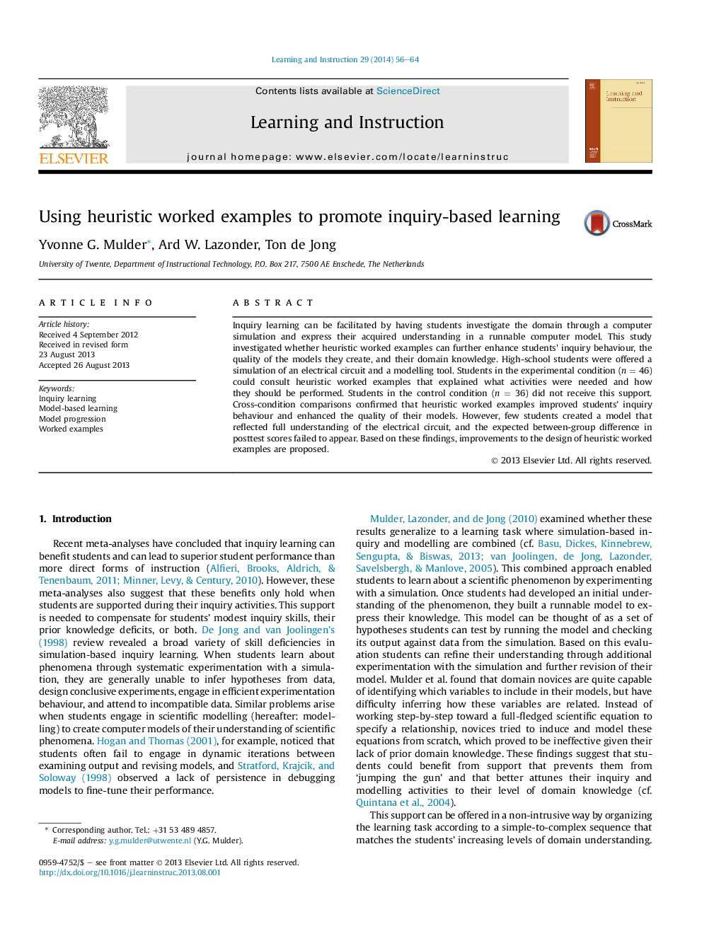 Using heuristic worked examples to promote inquiry-based learning