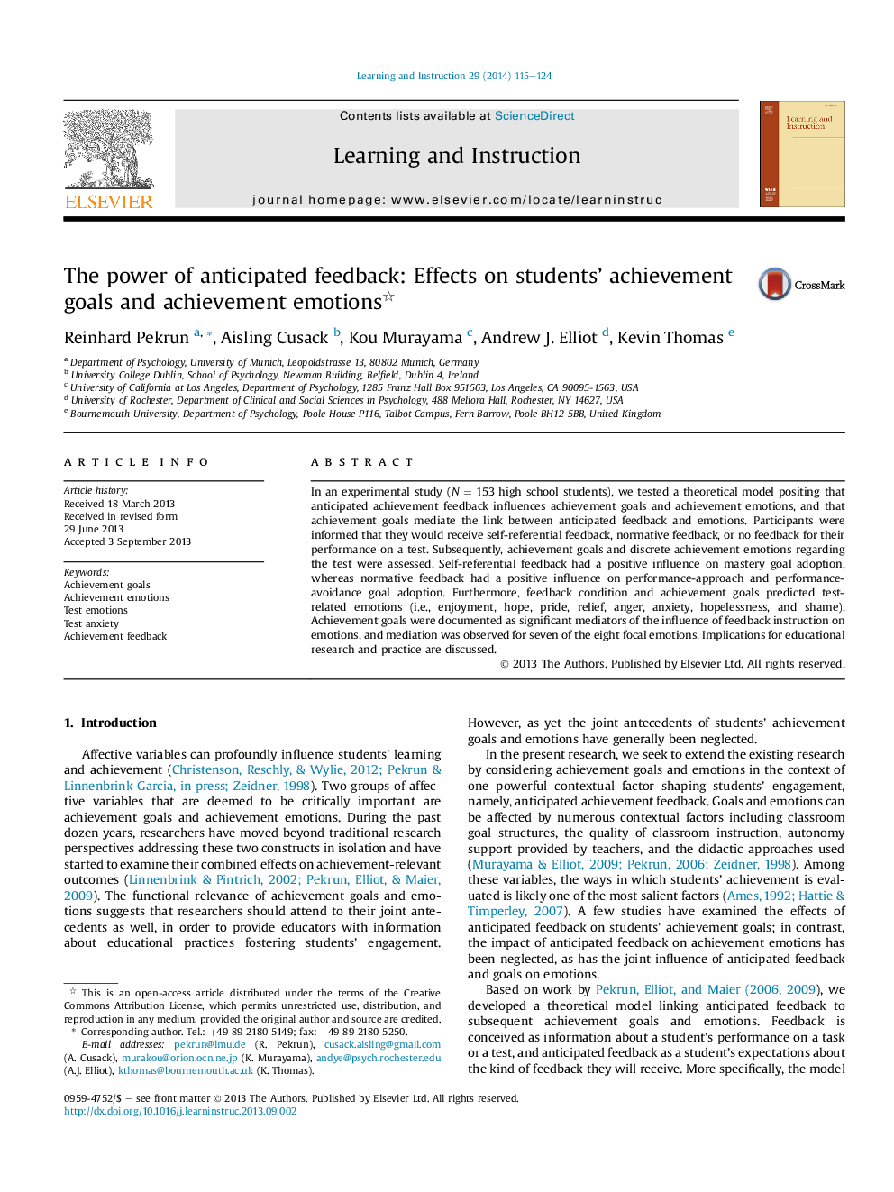 The power of anticipated feedback: Effects on students' achievement goals and achievement emotions