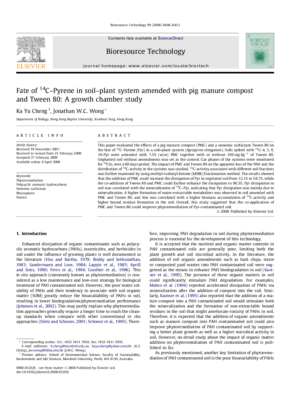 Fate of 14C–Pyrene in soil–plant system amended with pig manure compost and Tween 80: A growth chamber study