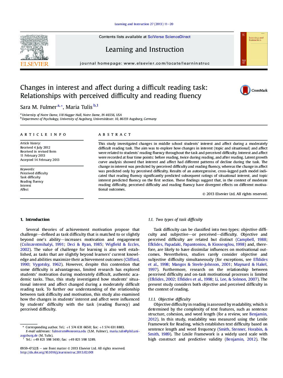 Changes in interest and affect during a difficult reading task: Relationships with perceived difficulty and reading fluency