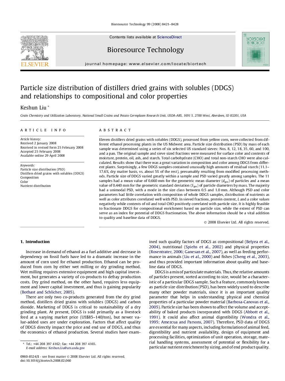 Particle size distribution of distillers dried grains with solubles (DDGS) and relationships to compositional and color properties