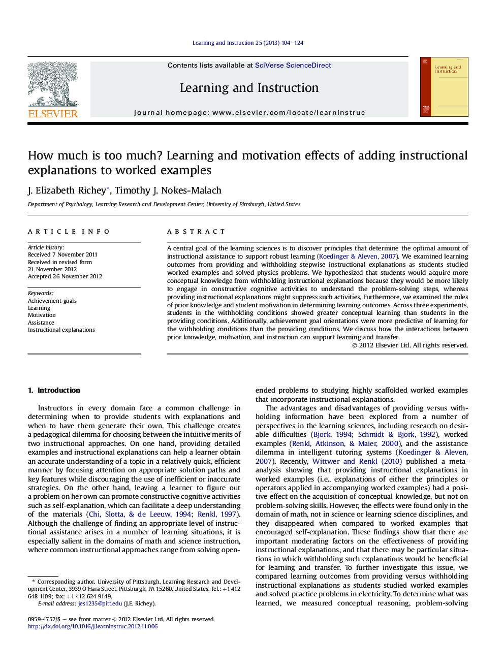 How much is too much? Learning and motivation effects of adding instructional explanations to worked examples