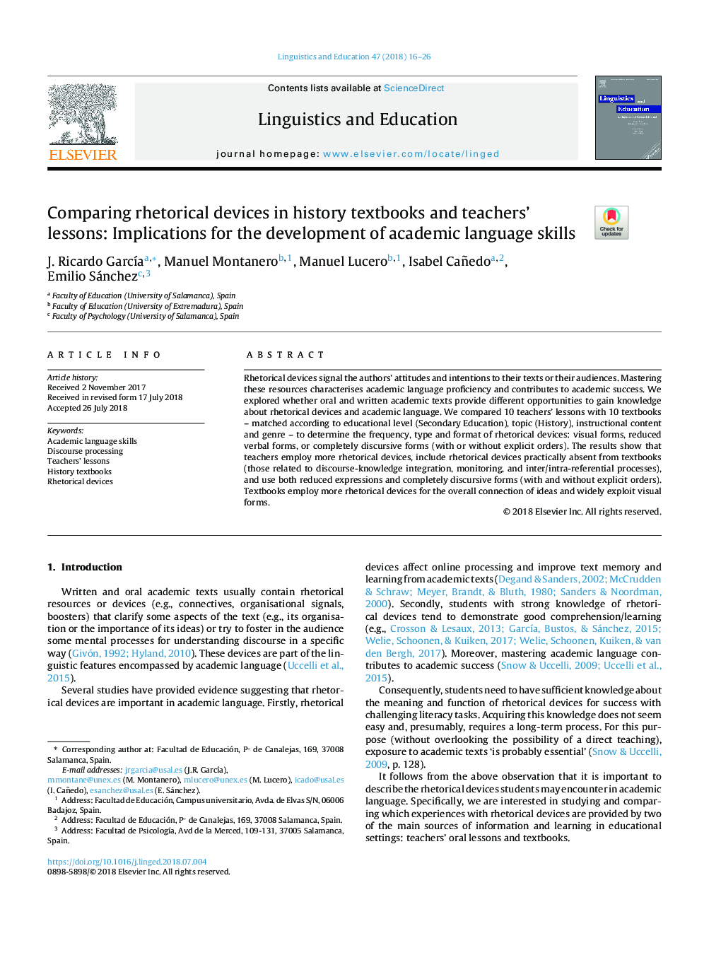 Comparing rhetorical devices in history textbooks and teachers' lessons: Implications for the development of academic language skills