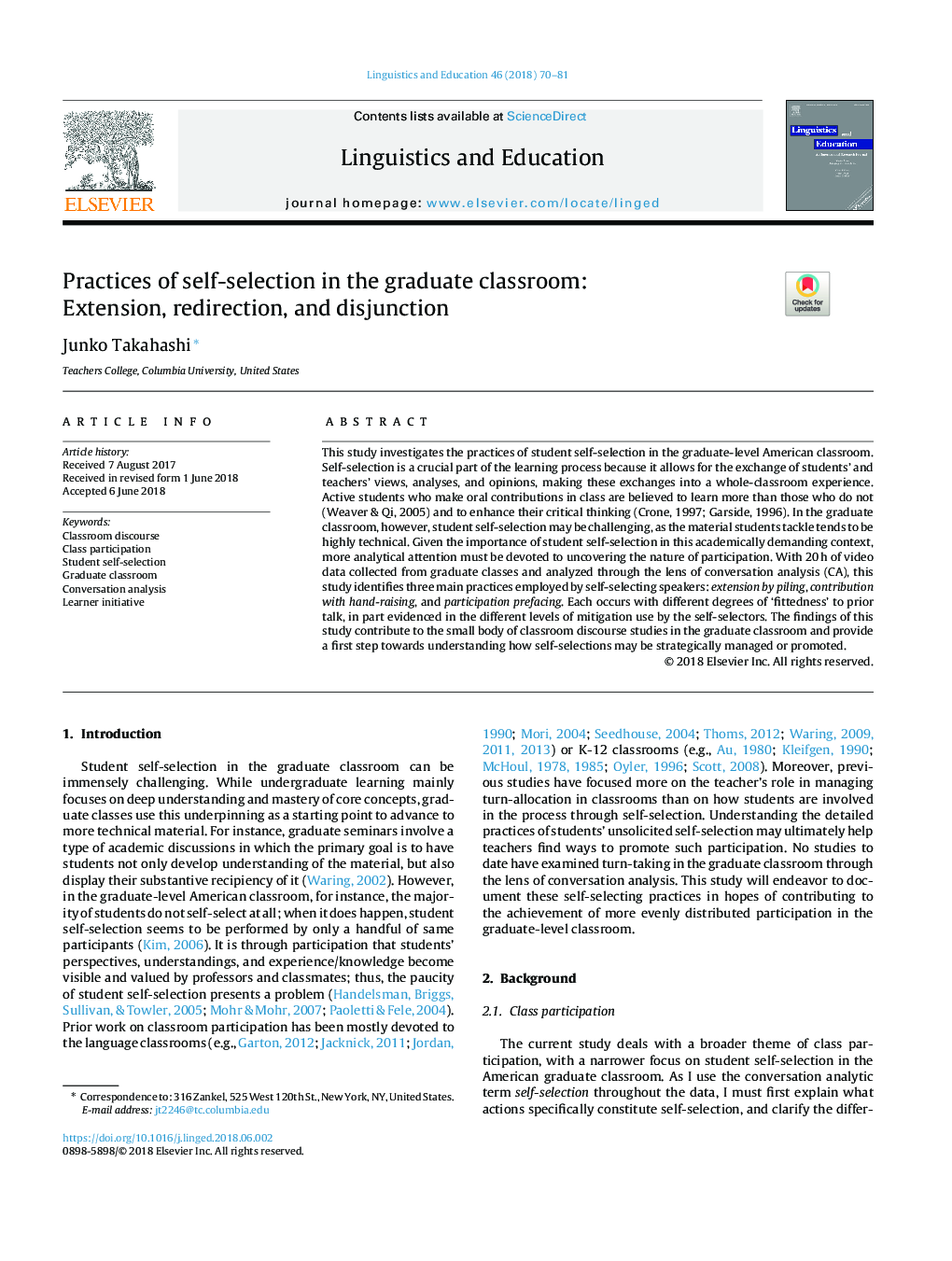 Practices of self-selection in the graduate classroom: Extension, redirection, and disjunction