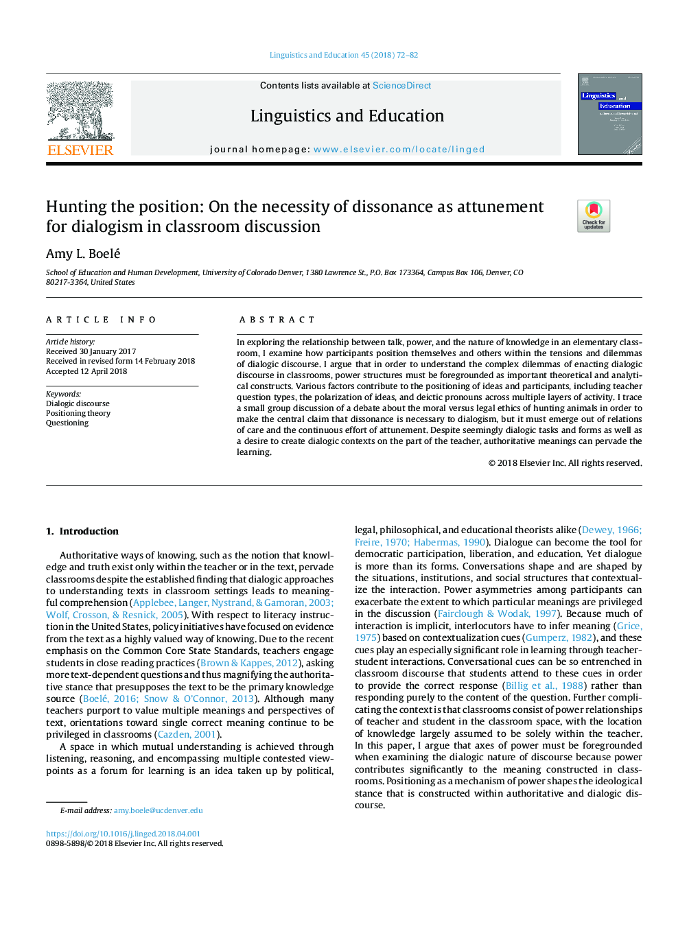 Hunting the position: On the necessity of dissonance as attunement for dialogism in classroom discussion