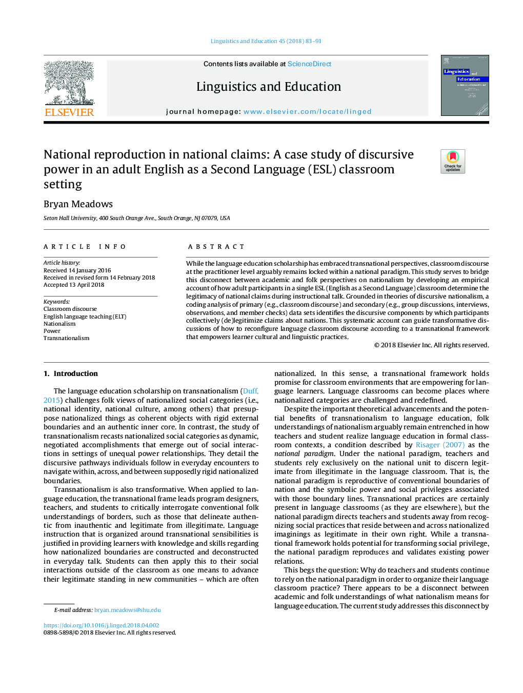 National reproduction in national claims: A case study of discursive power in an adult English as a Second Language (ESL) classroom setting