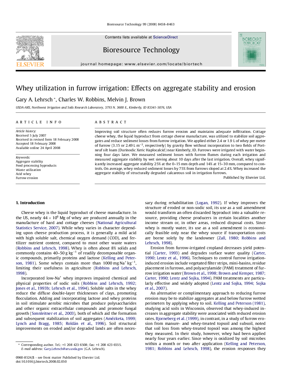عکس صفحه اول مقاله: Whey utilization in furrow irrigation: Effects on aggregate stability and erosion Whey utilization in furrow irrigation: Effects on aggregate stability and erosion