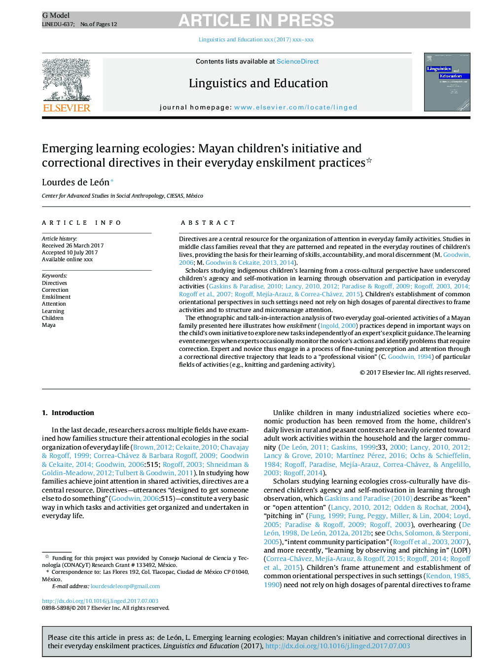 Emerging learning ecologies: Mayan children's initiative and correctional directives in their everyday enskilment practices