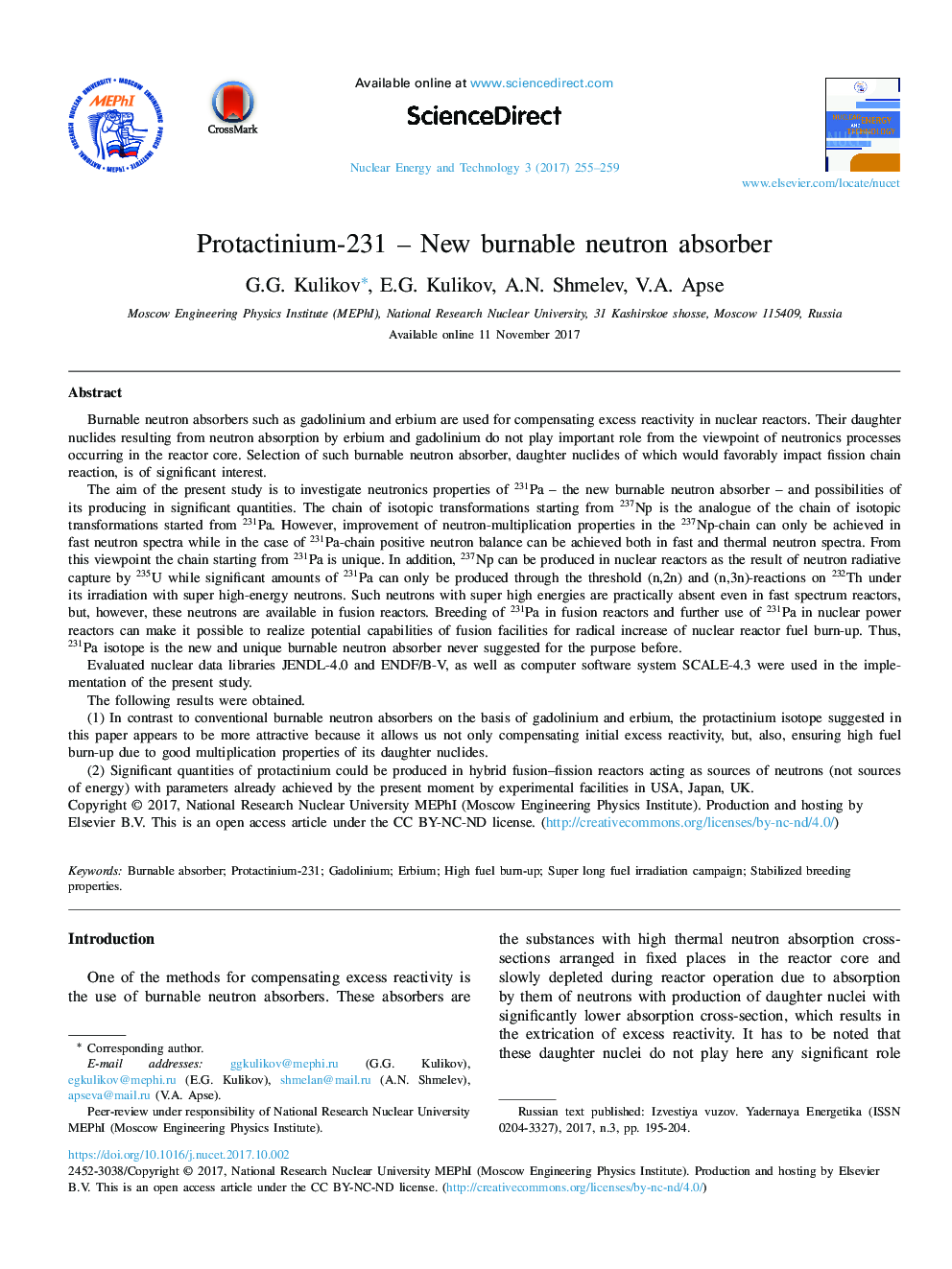 Protactinium-231 - New burnable neutron absorber