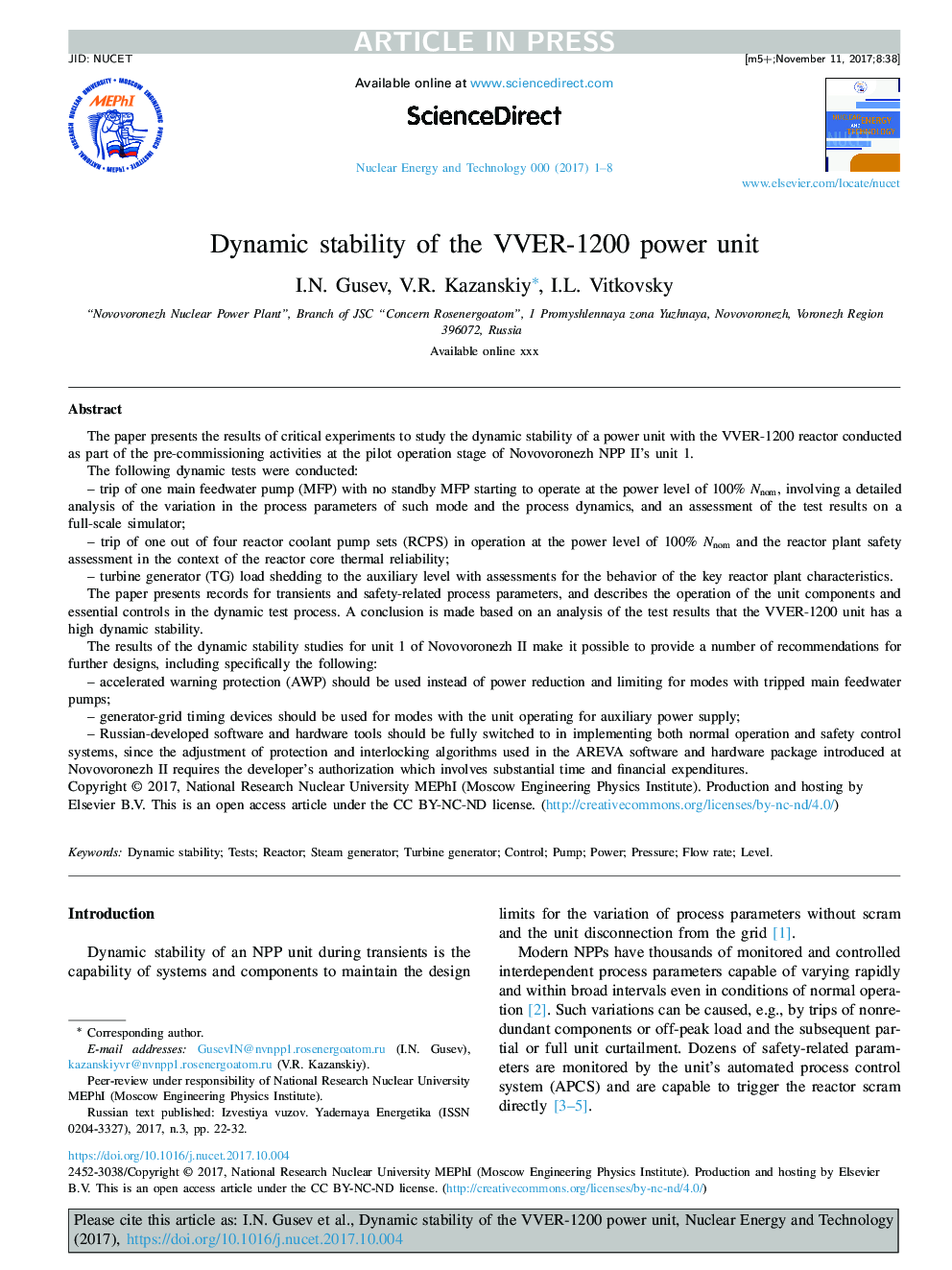 Dynamic stability of the VVER-1200 power unit