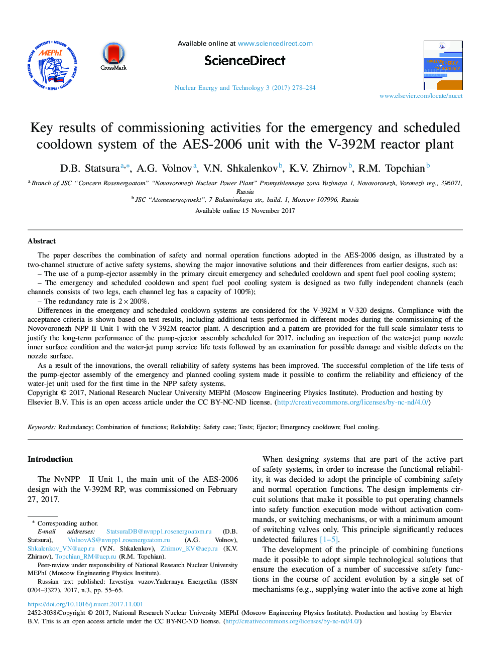 Key results of commissioning activities for the emergency and scheduled cooldown system of the AES-2006 unit with the V-392M reactor plant