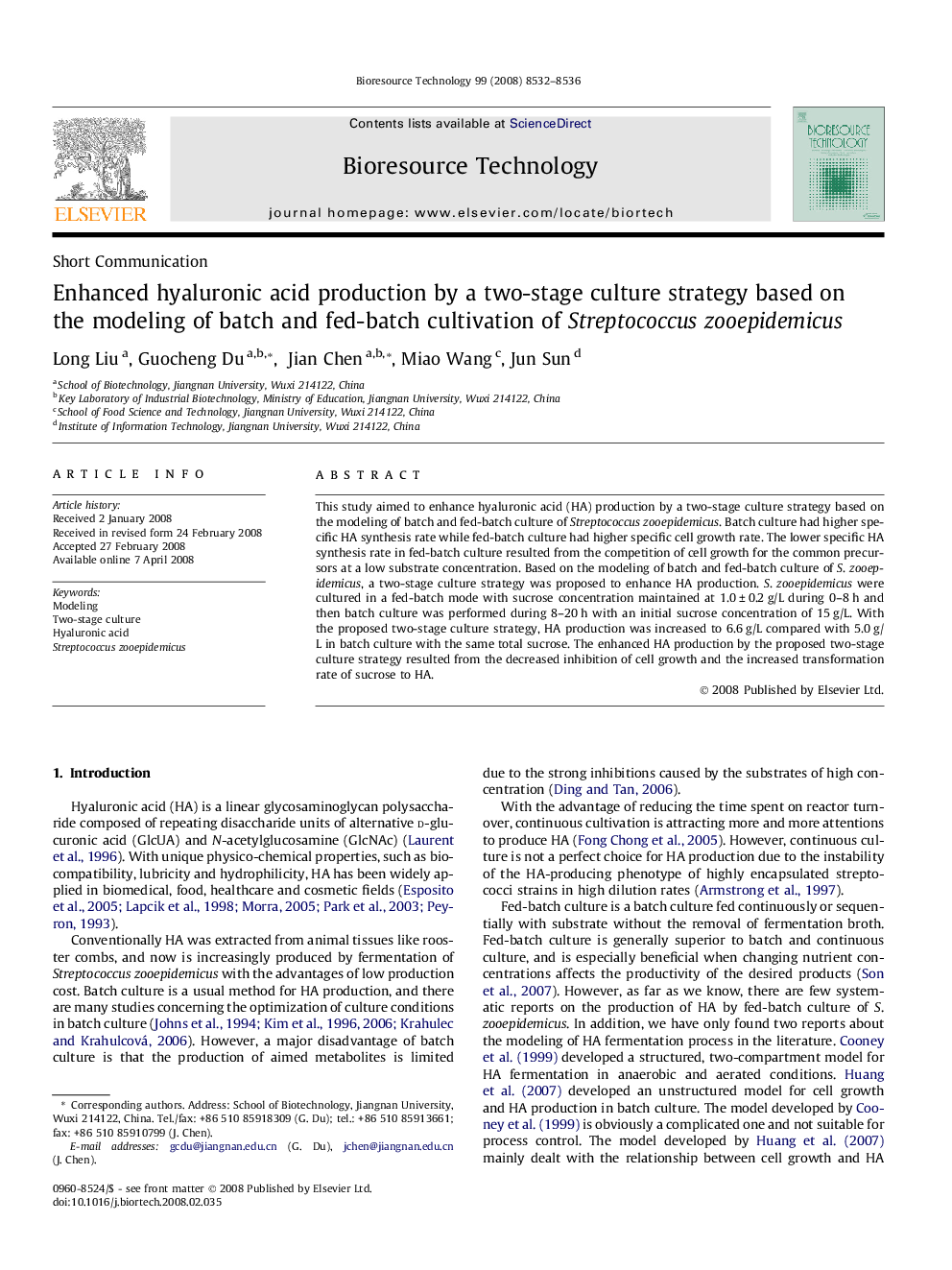 Enhanced hyaluronic acid production by a two-stage culture strategy based on the modeling of batch and fed-batch cultivation of Streptococcus zooepidemicus