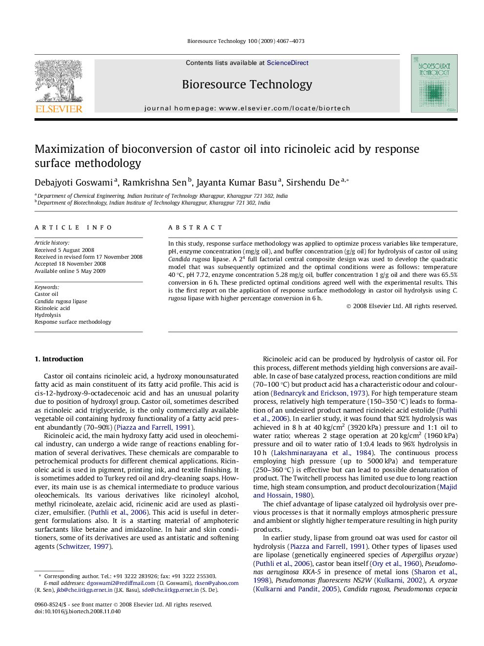 Maximization of bioconversion of castor oil into ricinoleic acid by response surface methodology