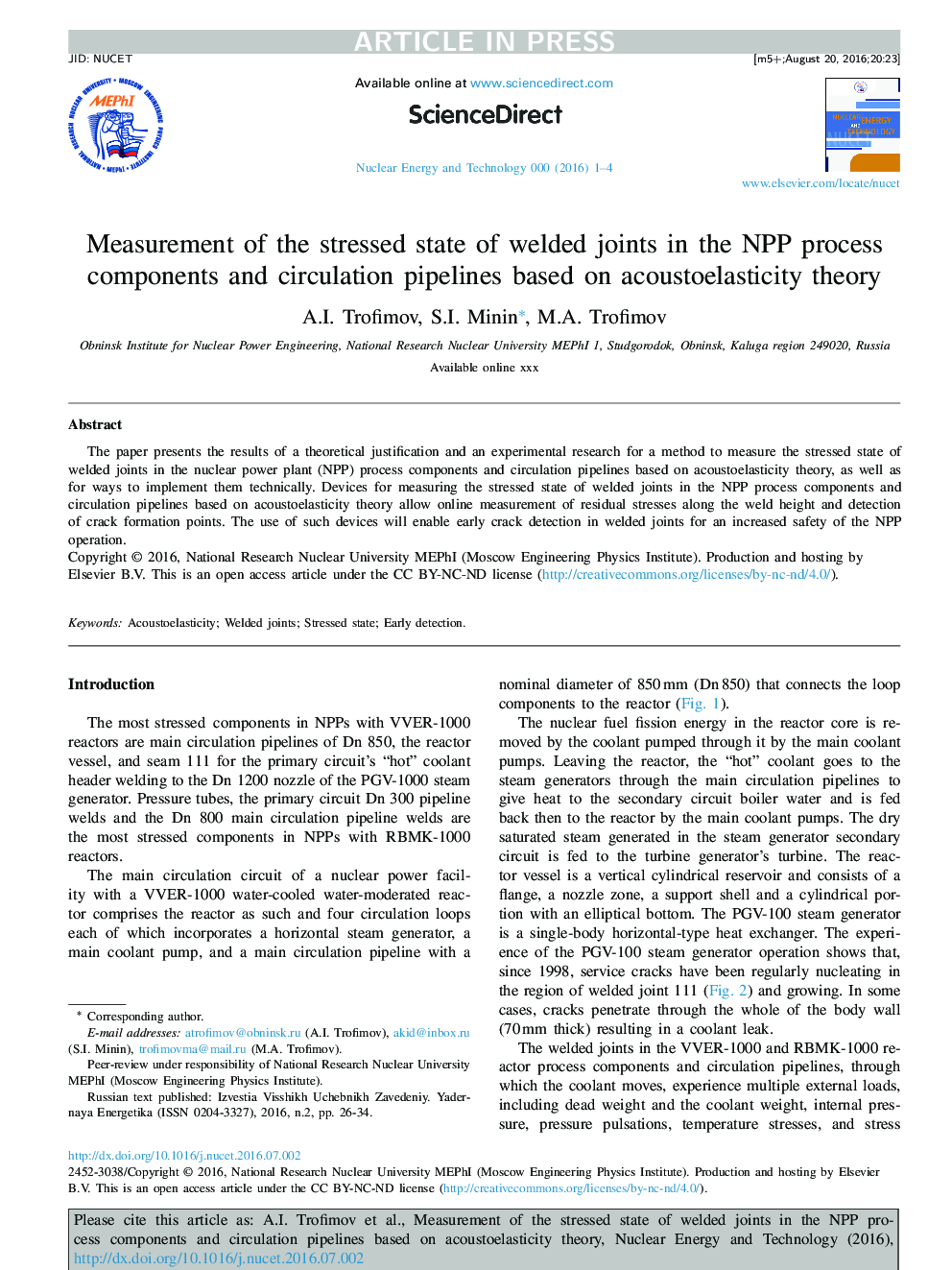 Measurement of the stressed state of welded joints in the NPP process components and circulation pipelines based on acoustoelasticity theory