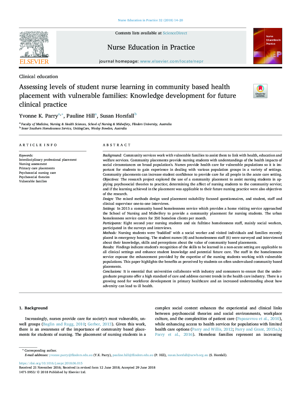 Assessing levels of student nurse learning in community based health placement with vulnerable families: Knowledge development for future clinical practice