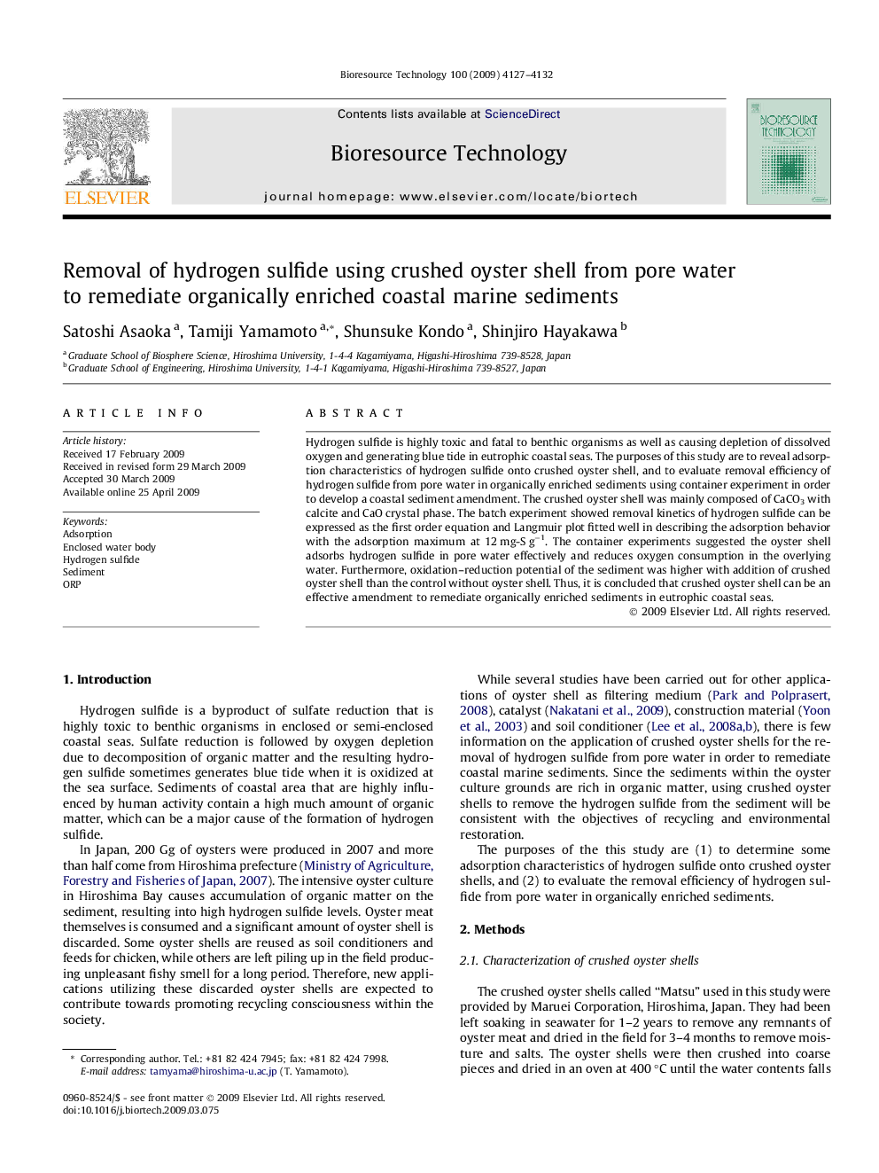 Removal of hydrogen sulfide using crushed oyster shell from pore water to remediate organically enriched coastal marine sediments