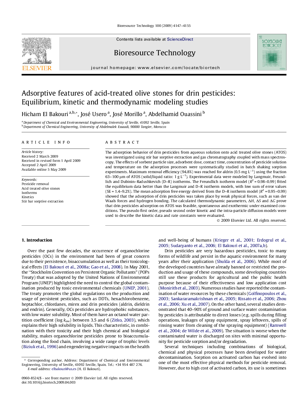 Adsorptive features of acid-treated olive stones for drin pesticides: Equilibrium, kinetic and thermodynamic modeling studies