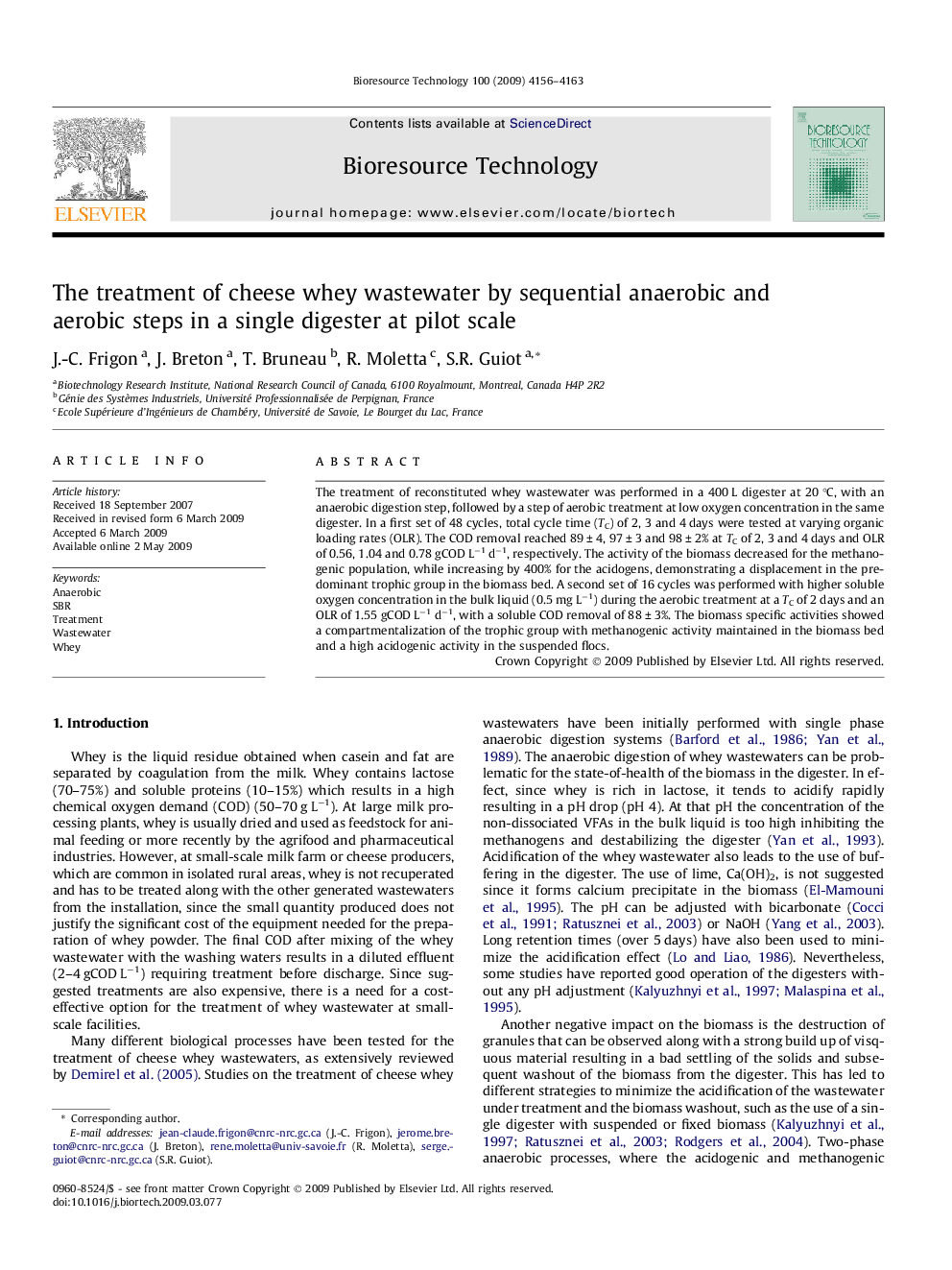 The treatment of cheese whey wastewater by sequential anaerobic and aerobic steps in a single digester at pilot scale