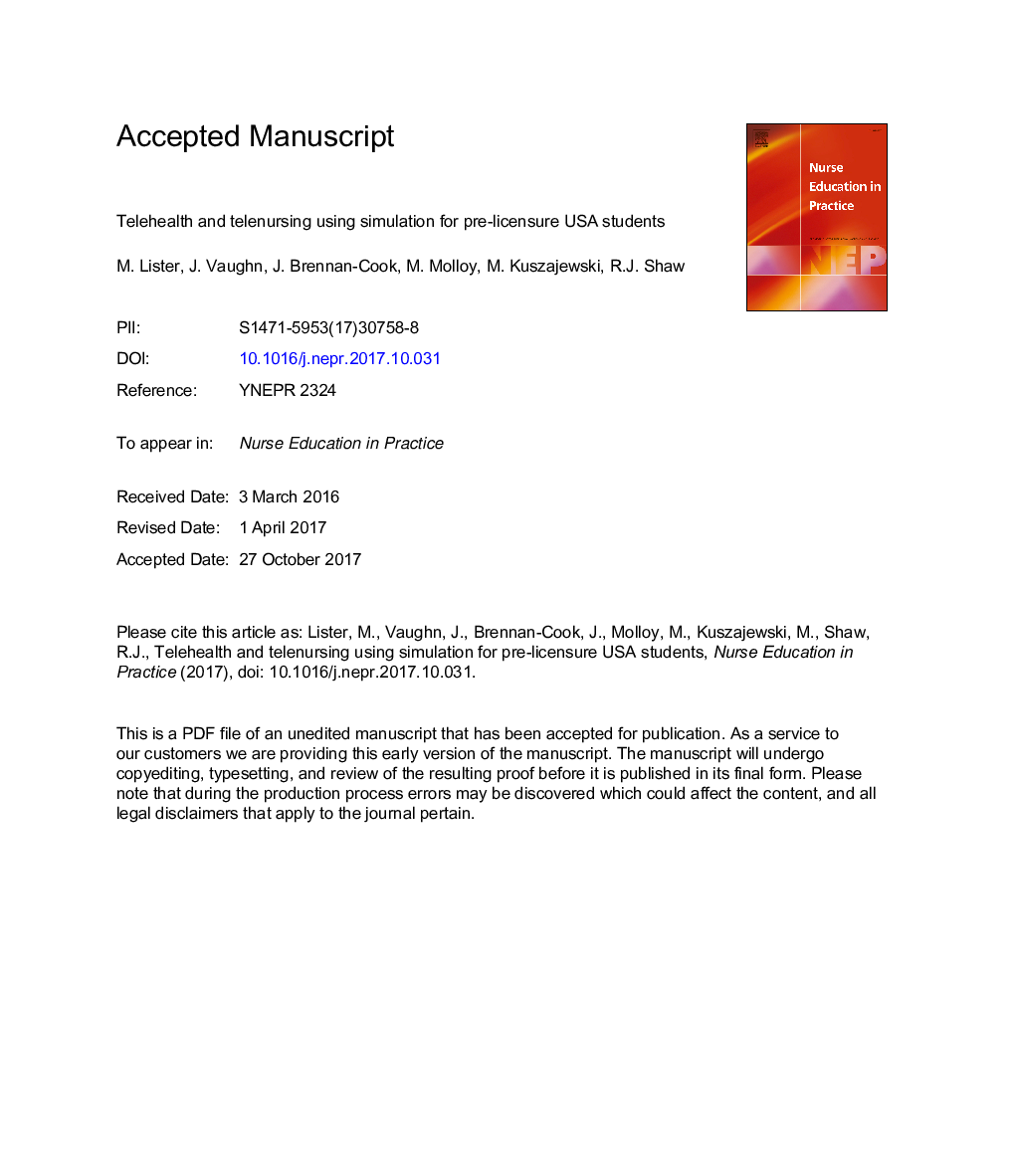 عکس صفحه اول مقاله: Telehealth and telenursing using simulation for pre-licensure USA students Telehealth and telenursing using simulation for pre-licensure USA students