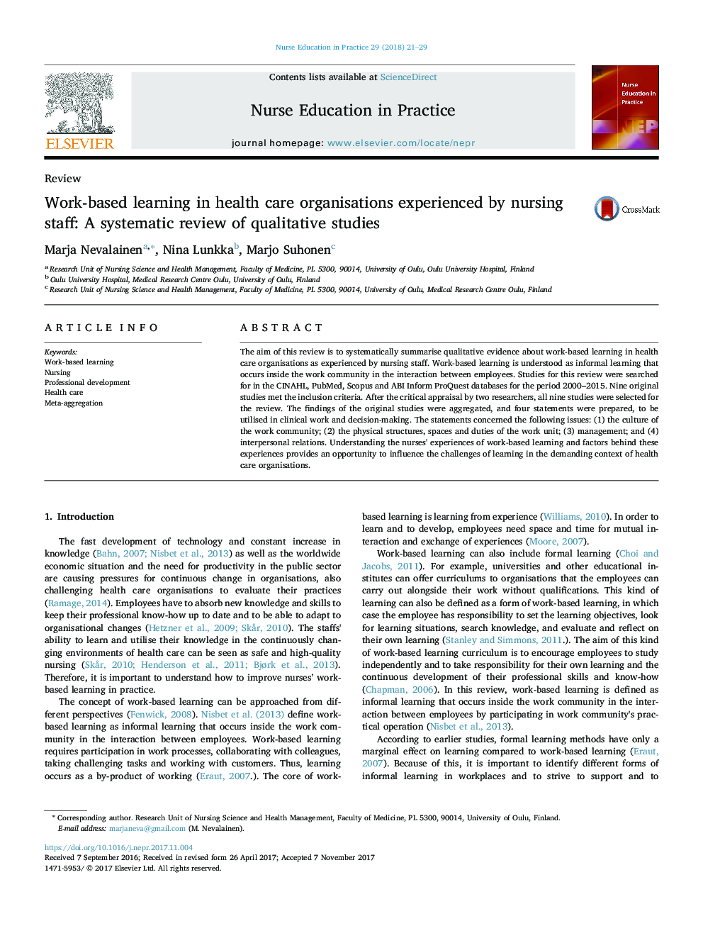 یادگیری مبتنی بر کار در سازمان های مراقبت های بهداشتی با تجربه کارکنان پرستاری: بررسی سیستماتیک مطالعات کیفی 