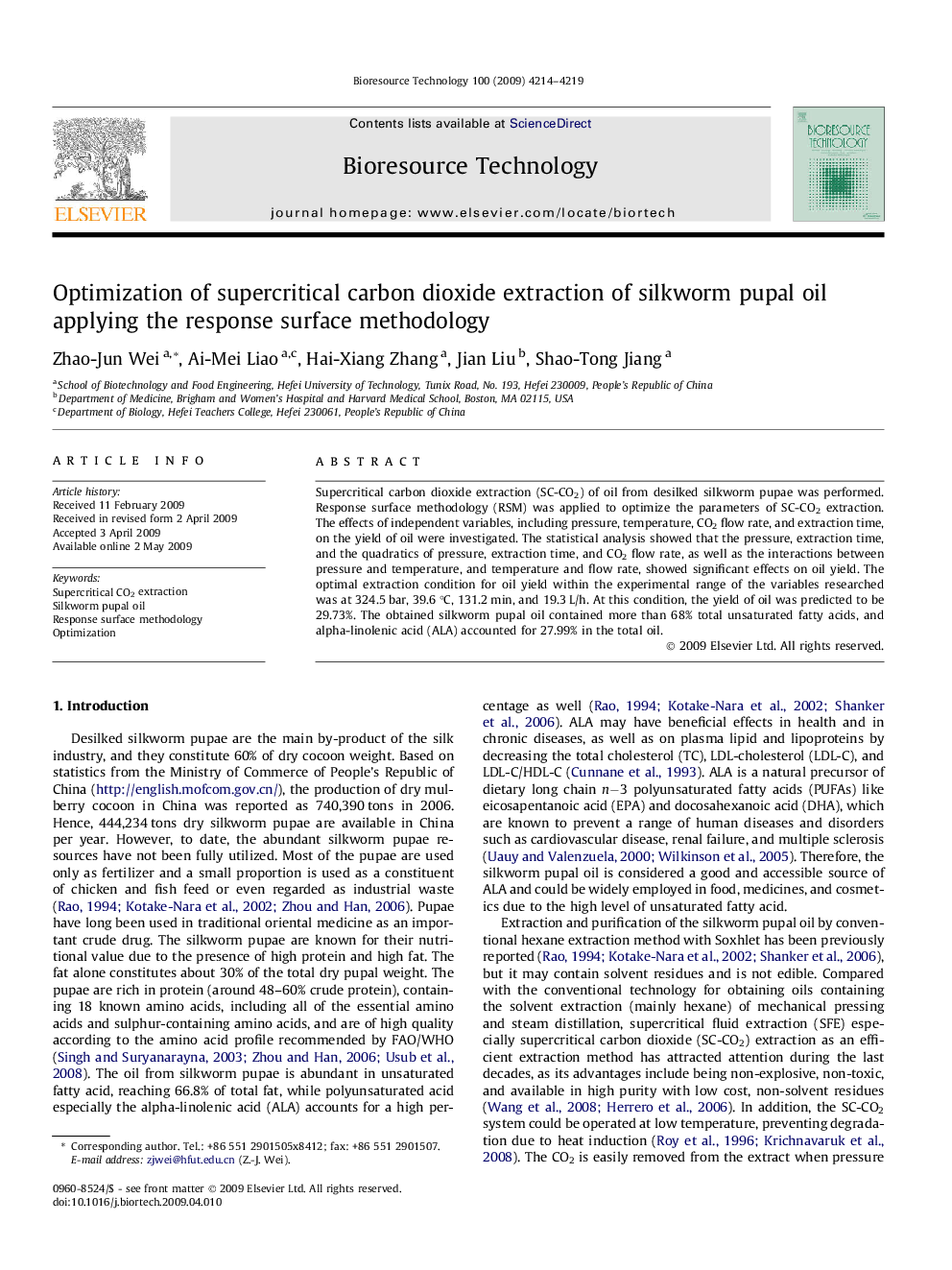 Optimization of supercritical carbon dioxide extraction of silkworm pupal oil applying the response surface methodology