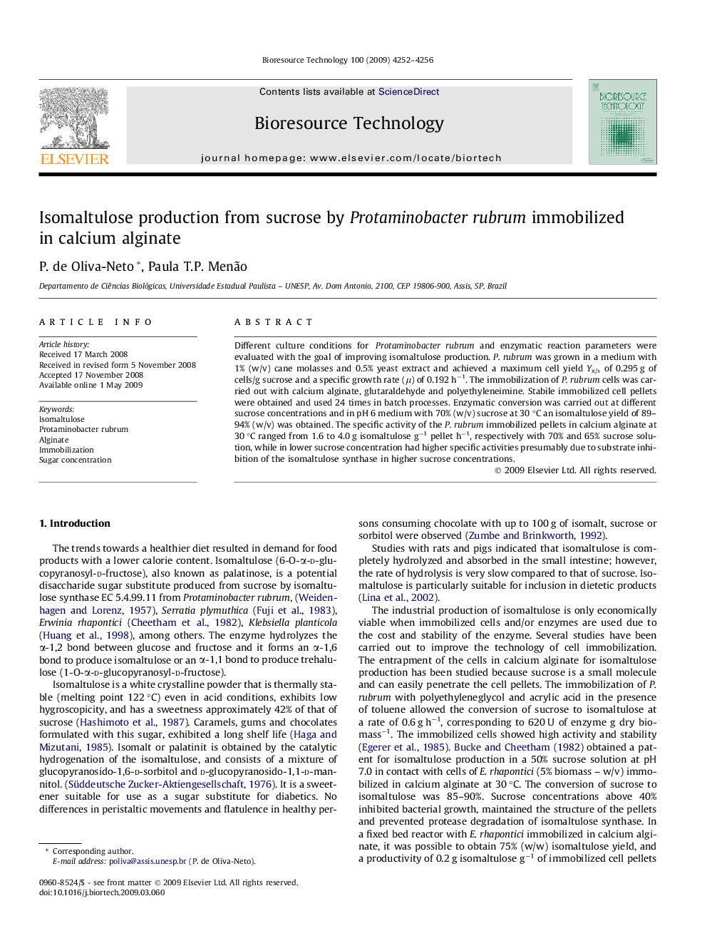 Isomaltulose production from sucrose by Protaminobacter rubrum immobilized in calcium alginate