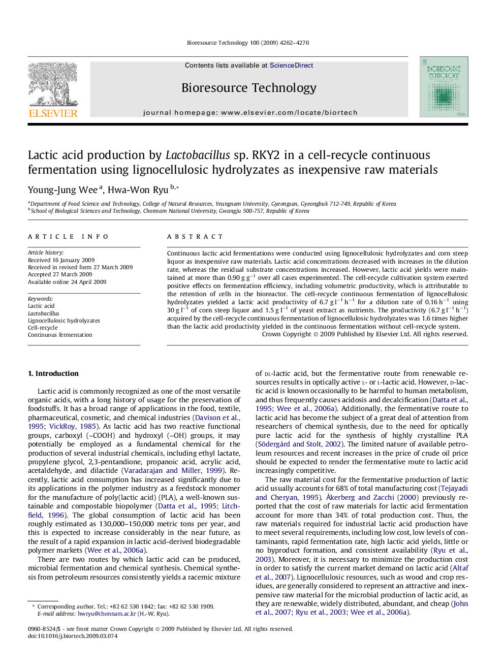 Lactic acid production by Lactobacillus sp. RKY2 in a cell-recycle continuous fermentation using lignocellulosic hydrolyzates as inexpensive raw materials