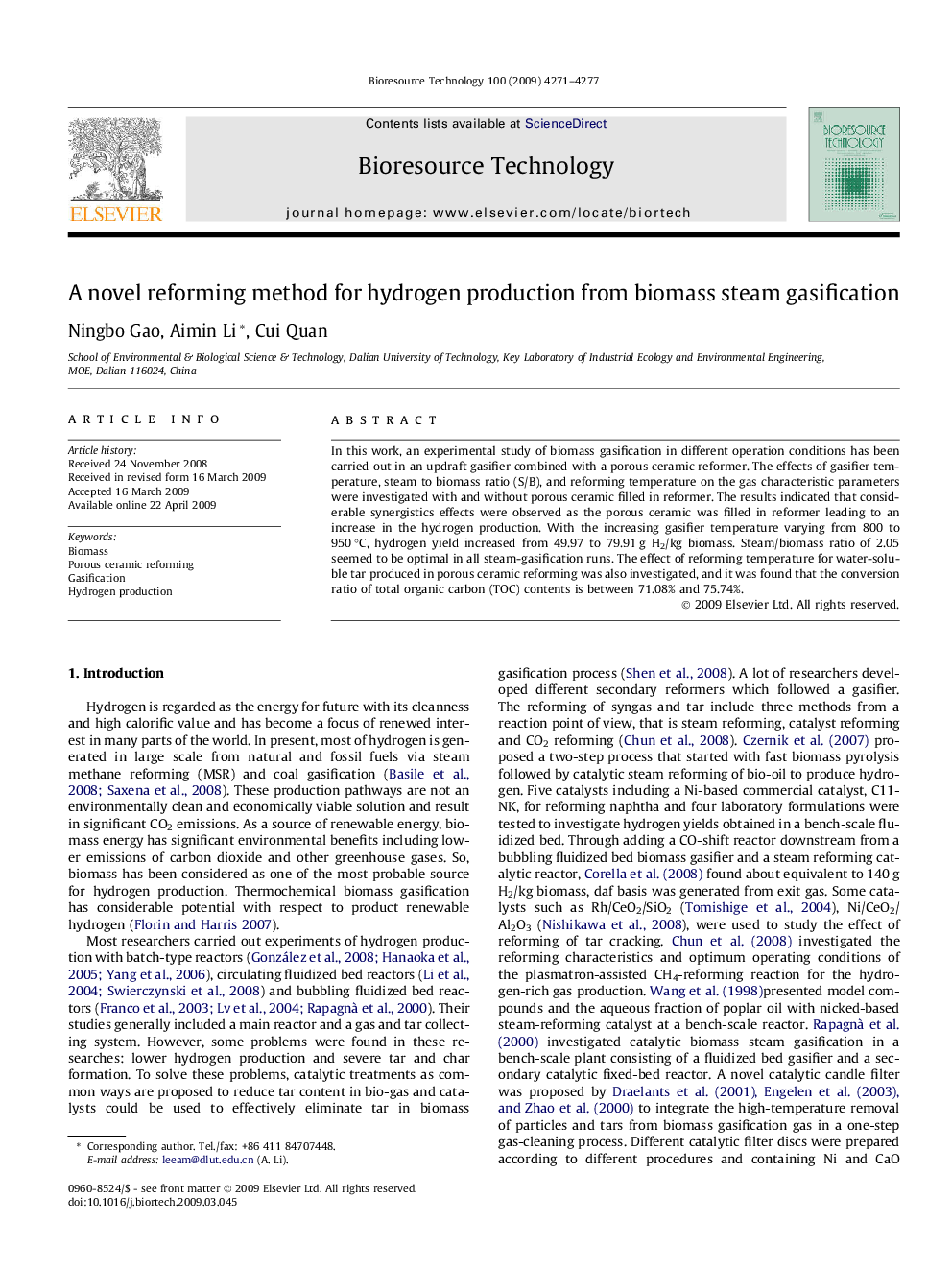 A novel reforming method for hydrogen production from biomass steam gasification