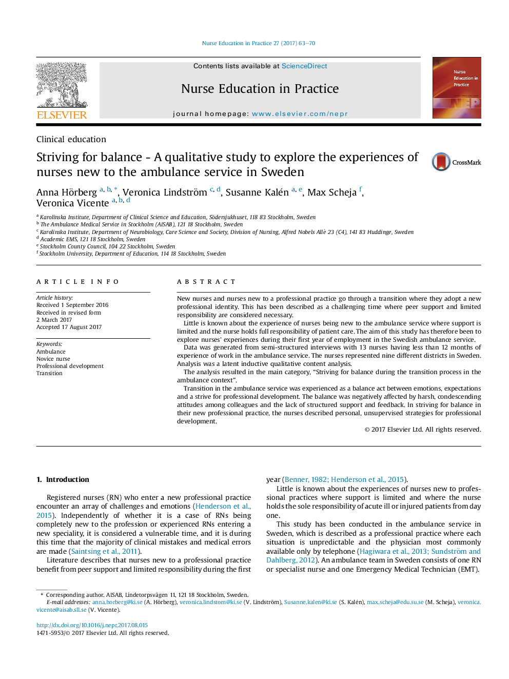 Striving for balance - A qualitative study to explore the experiences of nurses new to the ambulance service in Sweden