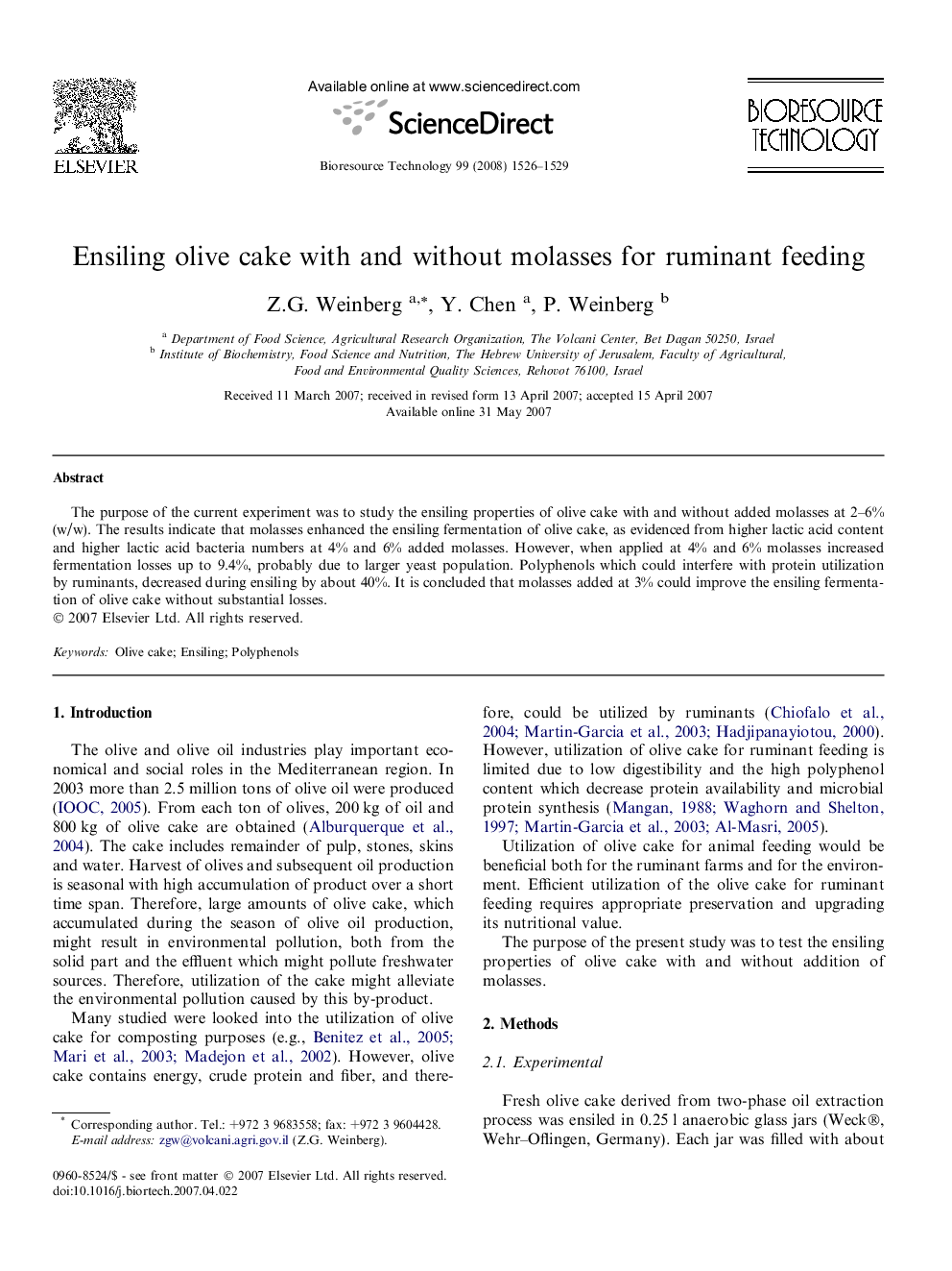 Ensiling olive cake with and without molasses for ruminant feeding