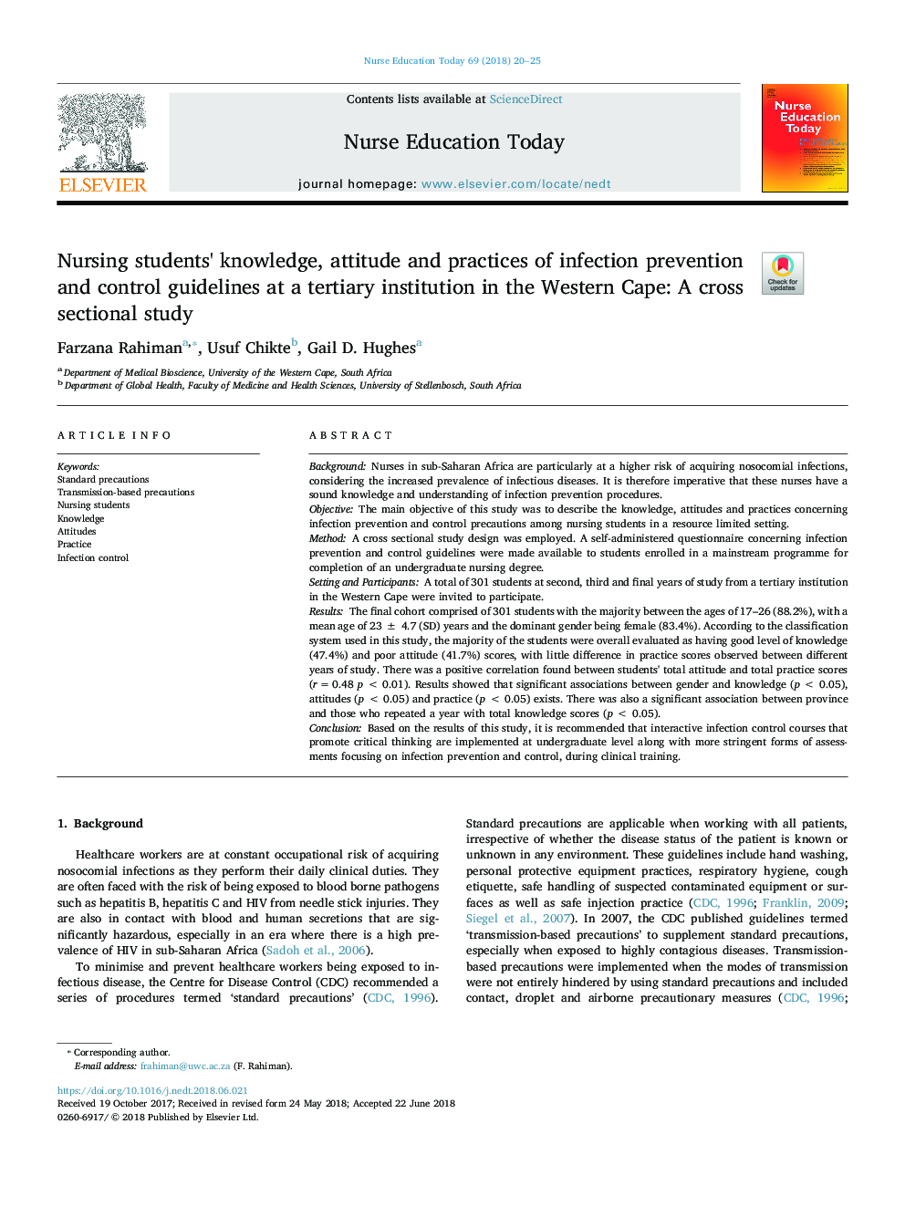دانش، نگرش و عملکرد دانشجویان پرستاری از دستورالعمل های پیشگیری و کنترل عفونت در موسسه عالی در کیپ غربی: یک مطالعه مقطعی 