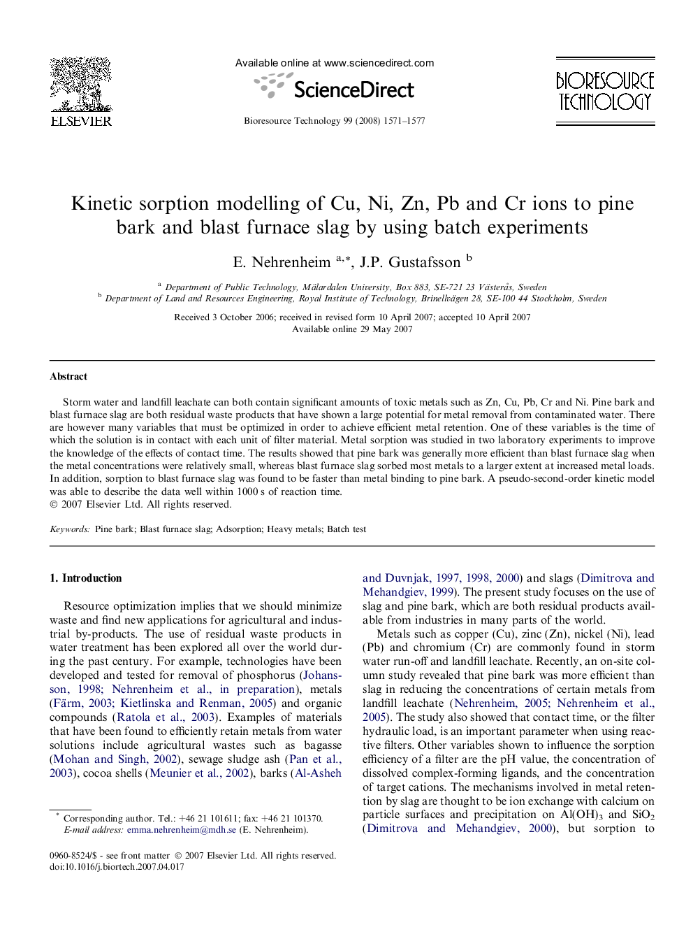 Kinetic sorption modelling of Cu, Ni, Zn, Pb and Cr ions to pine bark and blast furnace slag by using batch experiments