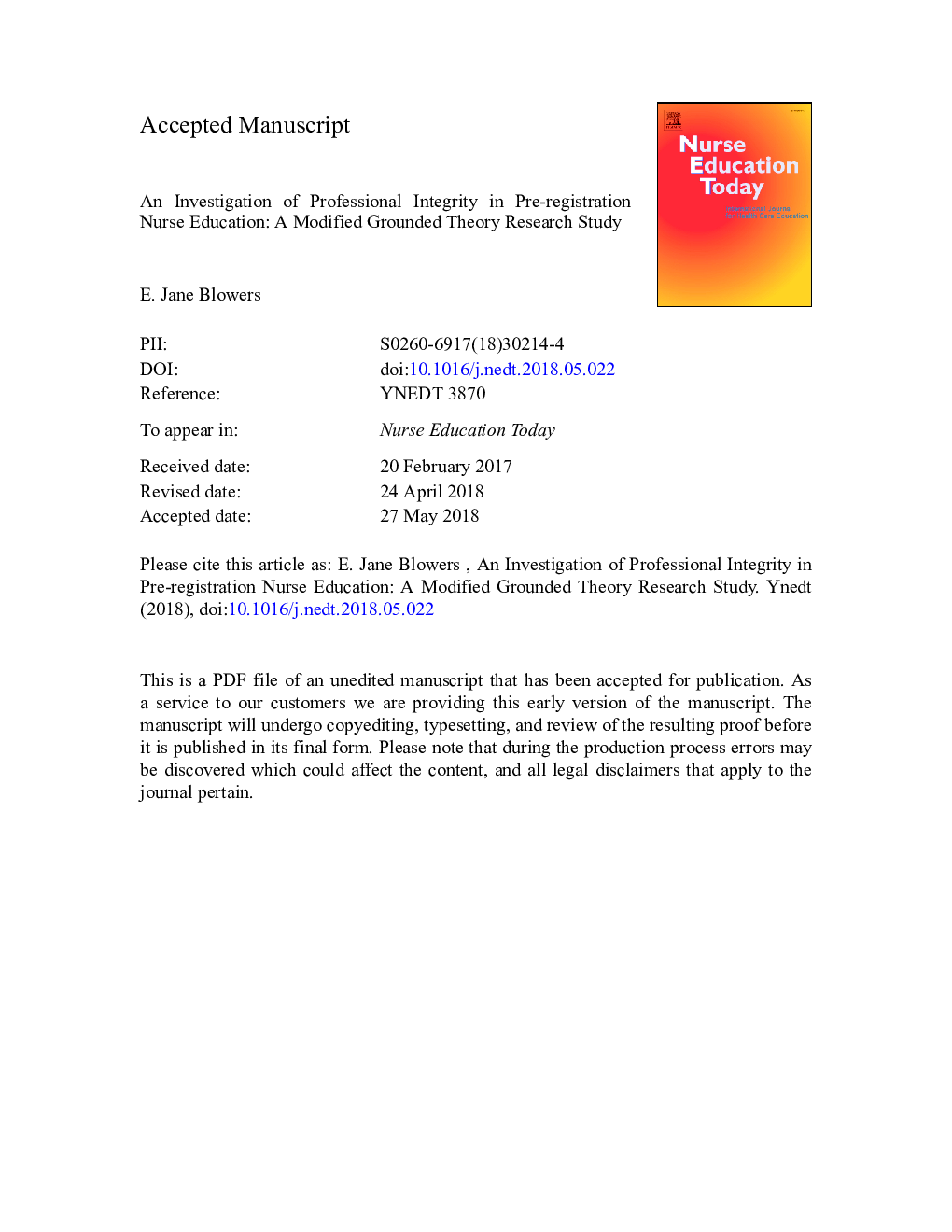 An Investigation of Professional Integrity in Pre-registration Nurse Education: A Modified Grounded Theory Research Study