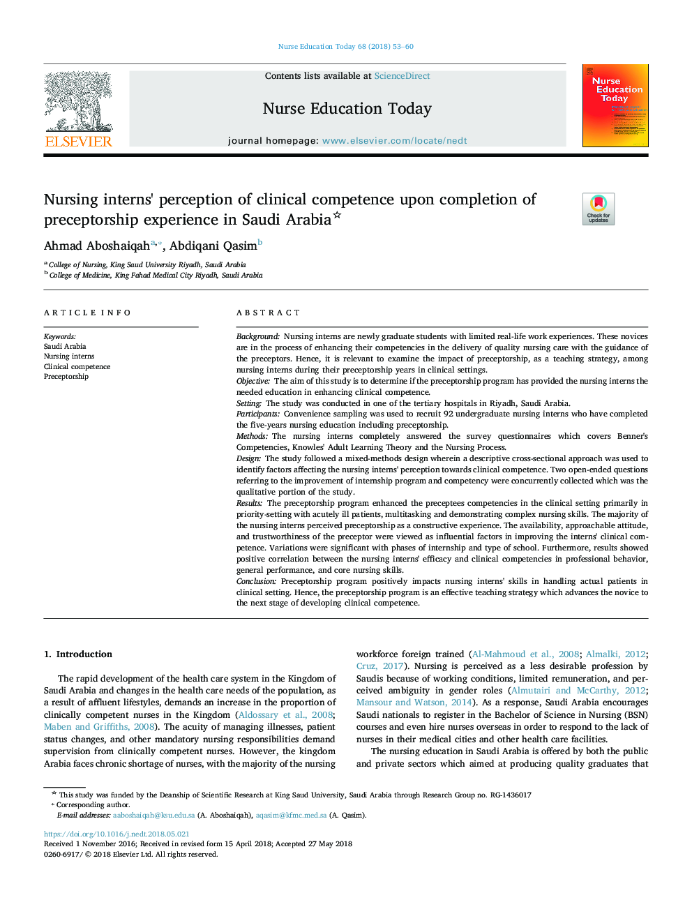 Nursing interns' perception of clinical competence upon completion of preceptorship experience in Saudi Arabia