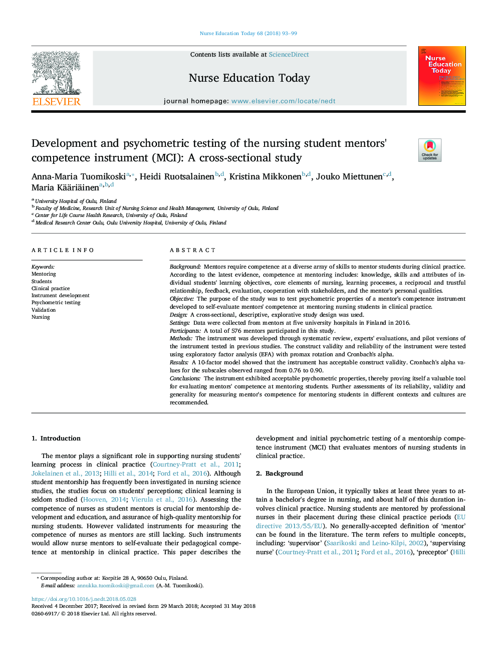 Development and psychometric testing of the nursing student mentors' competence instrument (MCI): A cross-sectional study
