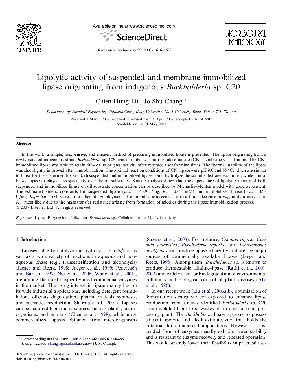 Lipolytic activity of suspended and membrane immobilized lipase originating from indigenous Burkholderia sp. C20