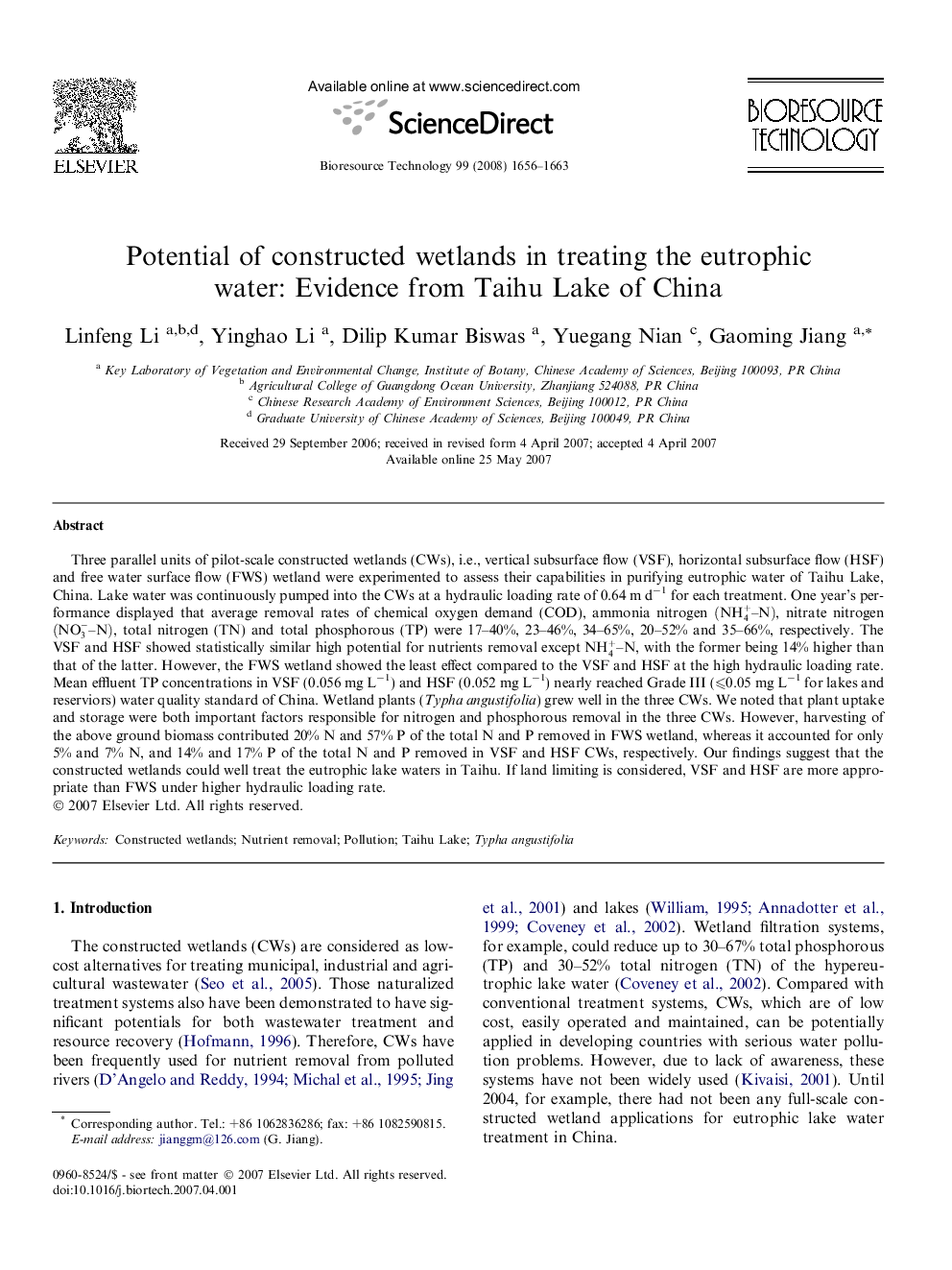 Potential of constructed wetlands in treating the eutrophic water: Evidence from Taihu Lake of China