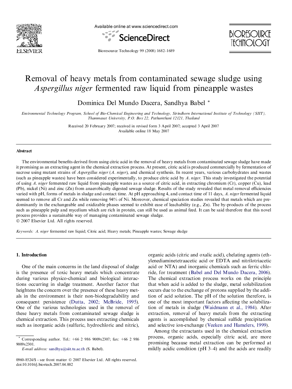 Removal of heavy metals from contaminated sewage sludge using Aspergillus niger fermented raw liquid from pineapple wastes