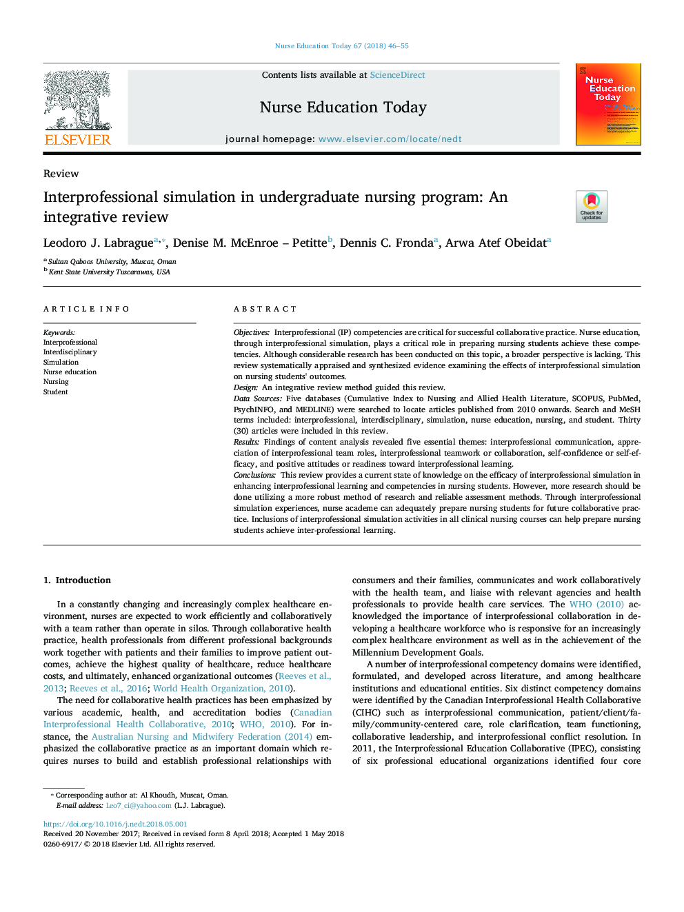 شبیه سازی بین حرفه ای در برنامه پرستاری دوره کارشناسی: یک بررسی جامع 