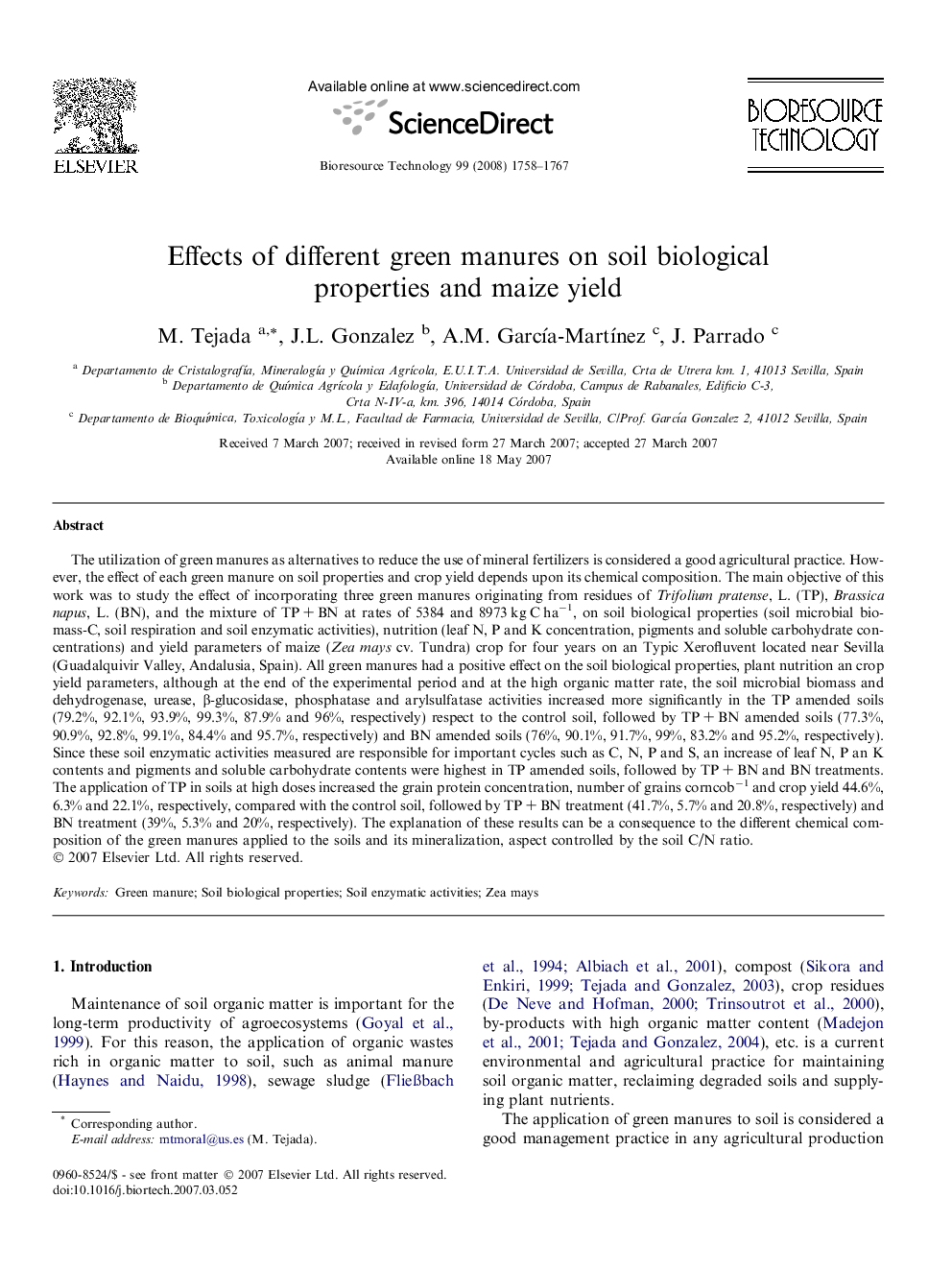 Effects of different green manures on soil biological properties and maize yield