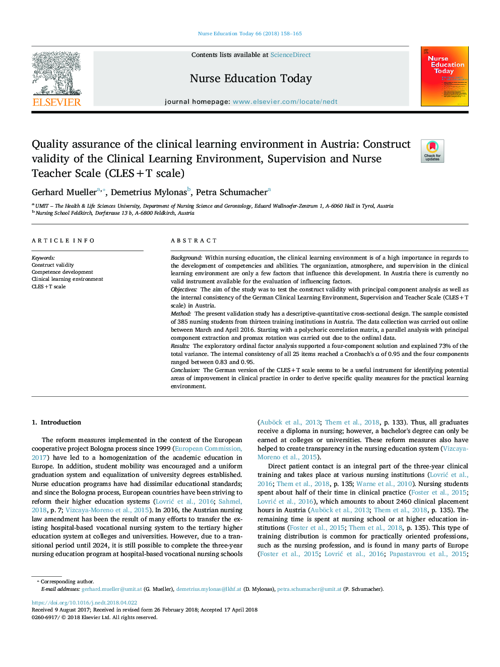 Quality assurance of the clinical learning environment in Austria: Construct validity of the Clinical Learning Environment, Supervision and Nurse Teacher Scale (CLES+T scale)