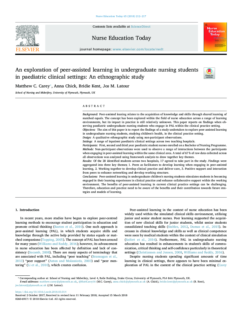 An exploration of peer-assisted learning in undergraduate nursing students in paediatric clinical settings: An ethnographic study