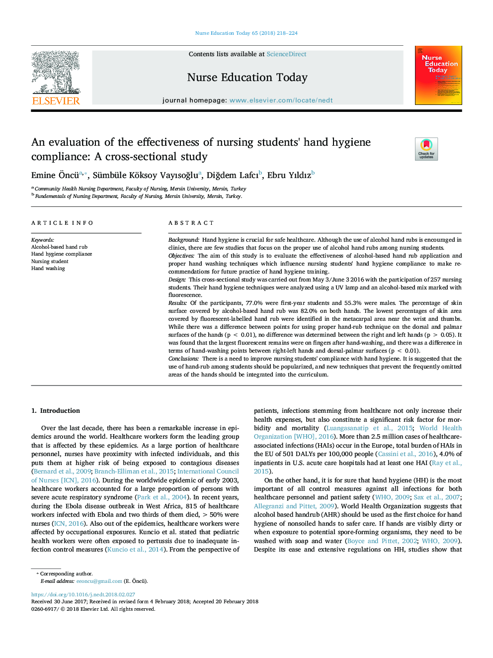 An evaluation of the effectiveness of nursing students' hand hygiene compliance: A cross-sectional study