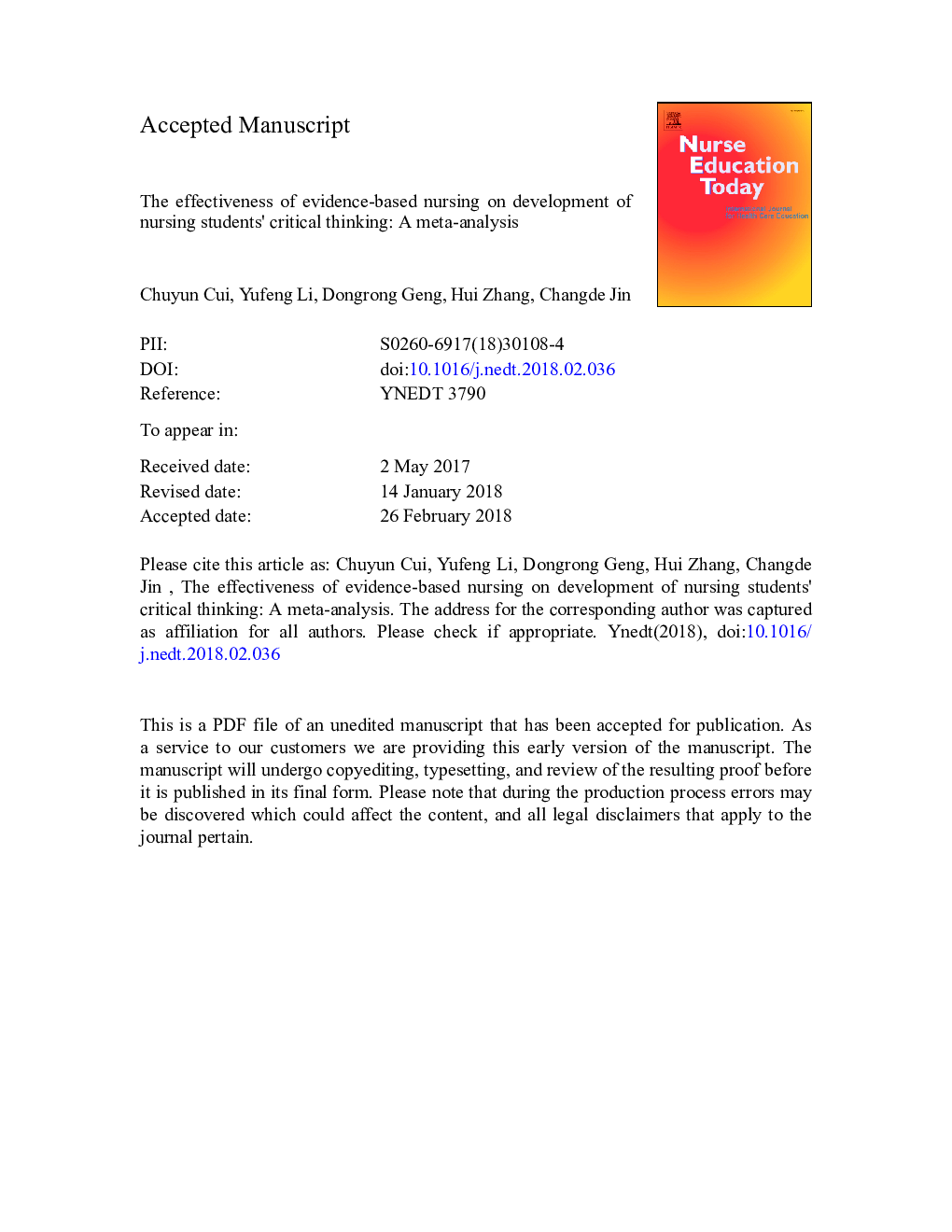 The effectiveness of evidence-based nursing on development of nursing students' critical thinking: A meta-analysis