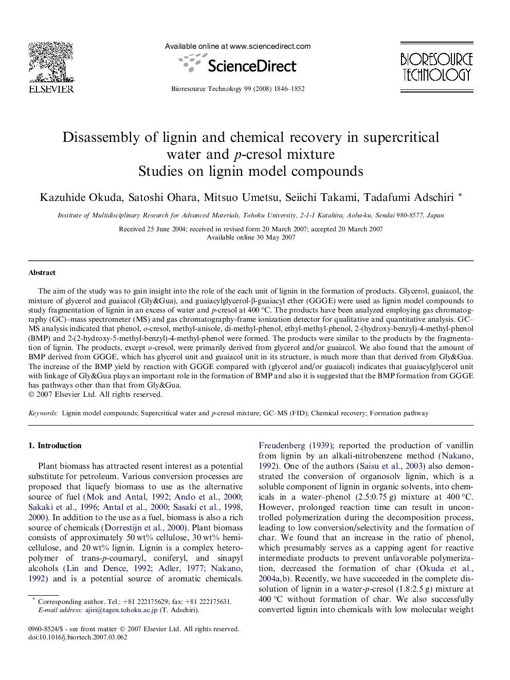 Disassembly of lignin and chemical recovery in supercritical water and p-cresol mixture: Studies on lignin model compounds